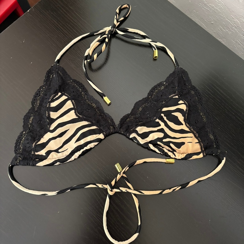 Early 2000s Victorias Secret Zebra Print Lace Bikini Set Triangle Side Tie M Y2K - Picture 2 of 16